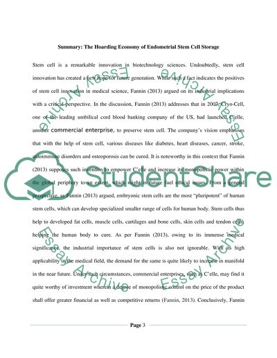 Reading Summary of the Article The Hoarding Economy of Endometrial Stem Cell Storage