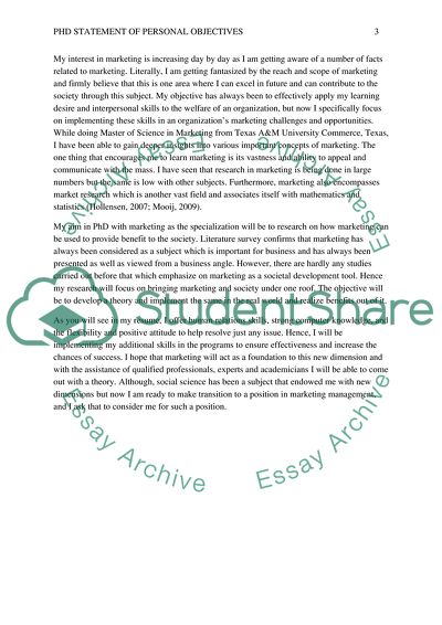 PhD statement of personal objectives ( at Marketing )