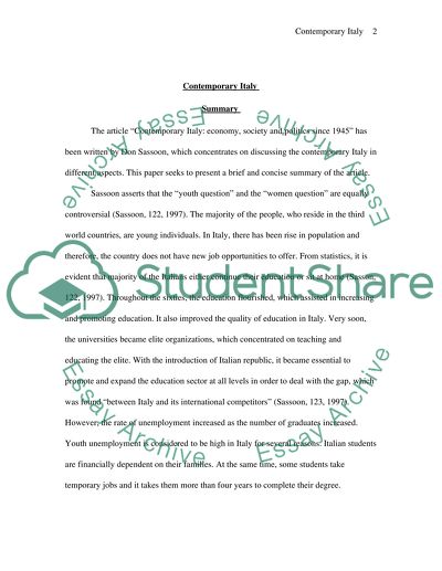 Contemporary Italy: Economy, Society and Politics