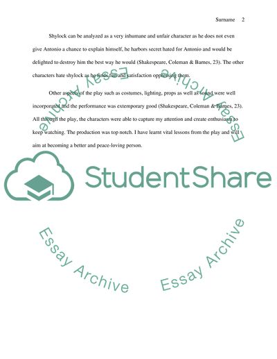 Performance Analysis for the Play Merchant of Venice by William Shakespeare