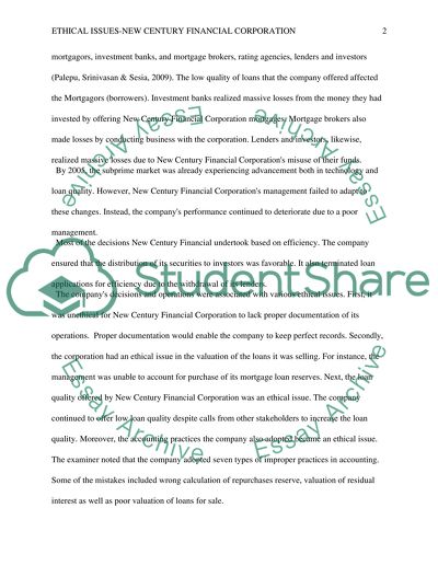 Ethical issues - New centry financial corporation