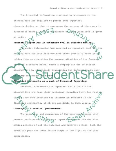 Award criteria and nomination report