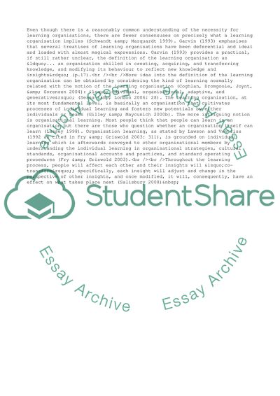 Defining and Characterising a Learning Organisation