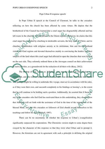 Reading Response Speech of Pope Urban II at the Council of Clermont