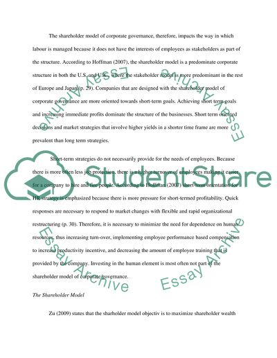 How does the shareholder model of corporate governance impact in the management of labour
