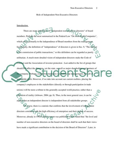 Role of Independent Non-Executive Directors