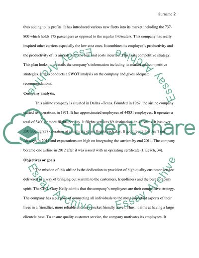 Business Plan for South West Airline