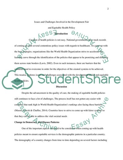 Issues and Challenges Involved in the Development Fair and Equitable Health Policy