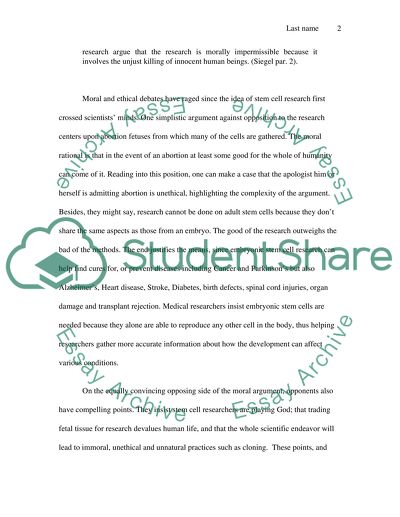 Stem Cell Research: Ethical, Moral and Legal Dilemma