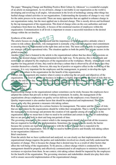 Managing Change and Building Positive Risk Culture by Atkinson