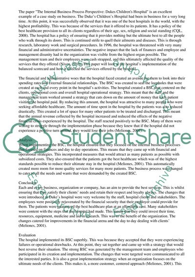 The Internal Business Process Perspective: Dukes Childrens Hospital