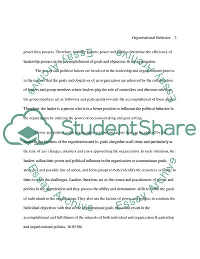 Involvement of Power, Politics in the Leadership and Organisational Processes