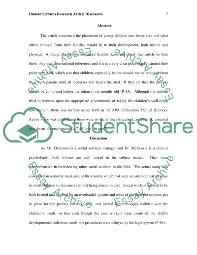 Human Services Research Article Discussion