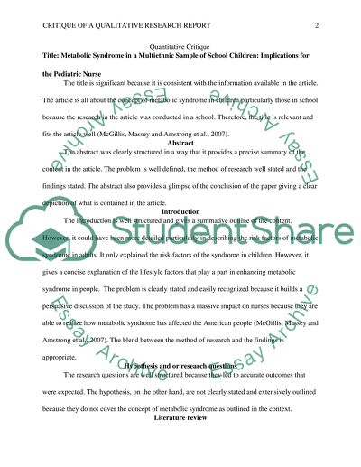 Nursing - Quantitative Crituque