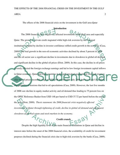 The effects of the 2008 financial crisis on the investment in the Gulf area specially on Qatar