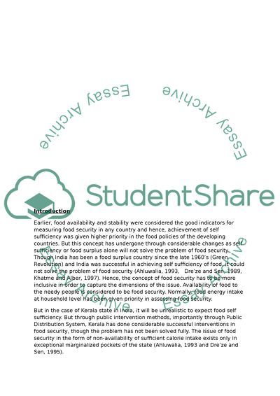 Interventions towards Food Security in India - a case of Kerala state in South India