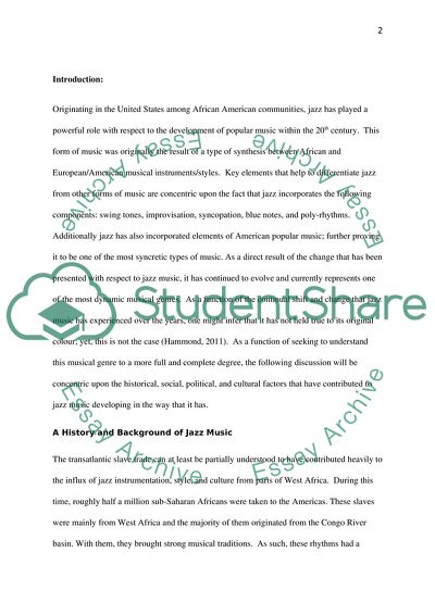 An Overview of the Social, Cultural and Political Factors Relevant to the Birth of Jazz Music