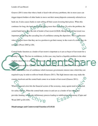 Function of Central Banks as Lender of Last Resort (LOLR)