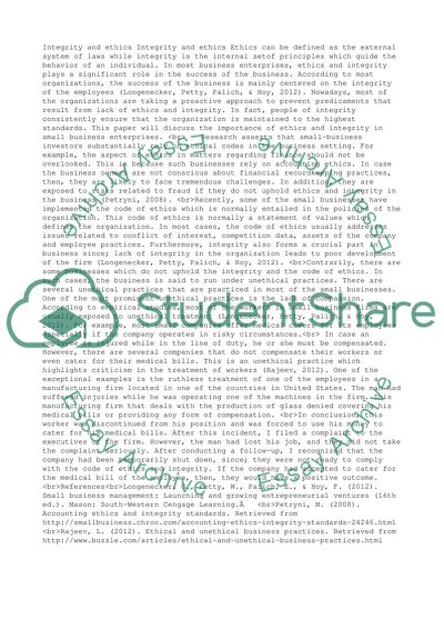 Develop a sense of the importance of integrity and ethics in small business ownership