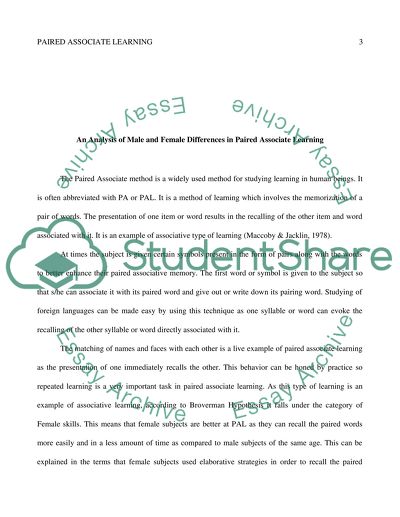 Male and Female Differences in Paired Associate Learning