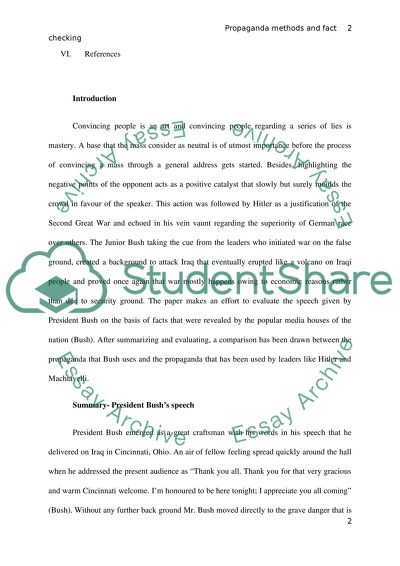 Propaganda methods that Bush uses in his speech on Iraqi threat and fact checking his speech