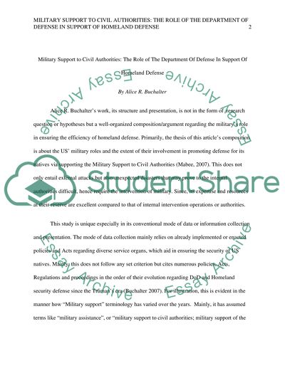 MILITARY SUPPORT TO CIVIL AUTHORITIES: THE ROLE OF THE DEPARTMENT OF DEFENSE IN SUPPORT OF HOMELAND DEFENSE