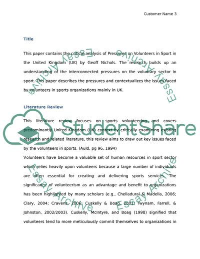 The Critical Analysis of Pressures on Volunteers in Sport in the United Kingdom