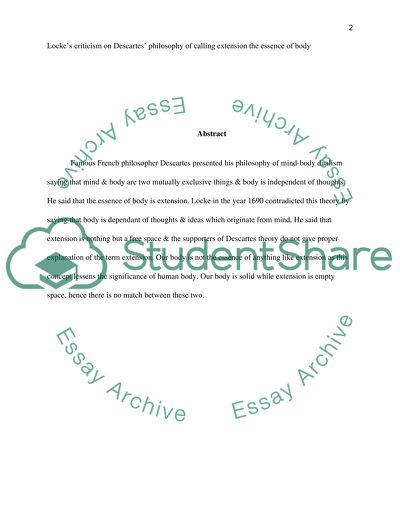 Lockes Criticism on Descartes Philosophy of Calling Extension the Essence of Body