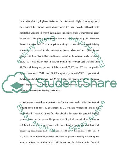Subprime Lending, Its Adverse Effects on the UK Financial Market And Methods to Protect Consumers