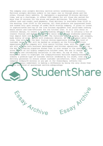 Creating & Starting a New Business Venture - Princess Kalliore Italian Restaurant