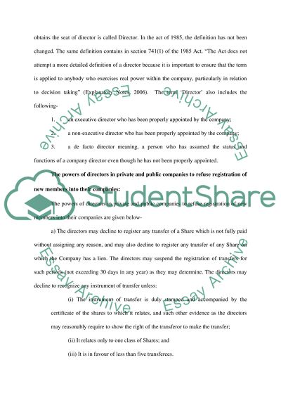 Company Law: The Powers of Directors in Private and Public Companies to Refuse Registration of New Members into Their Companies