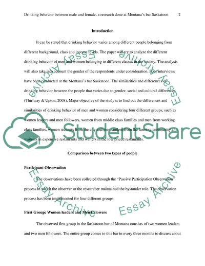 Drinking behaviour between male and female, a research done at montanas bar saskatoon