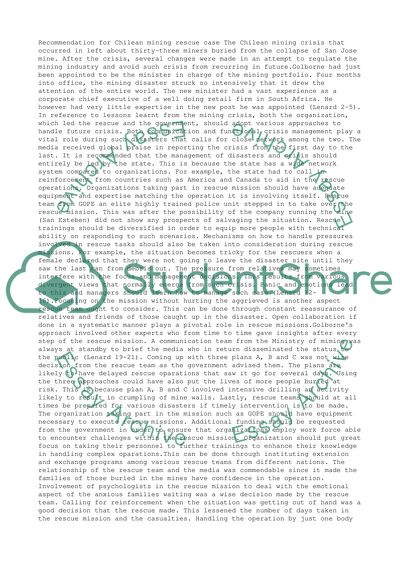 Recommendations for chilean mining rescue case