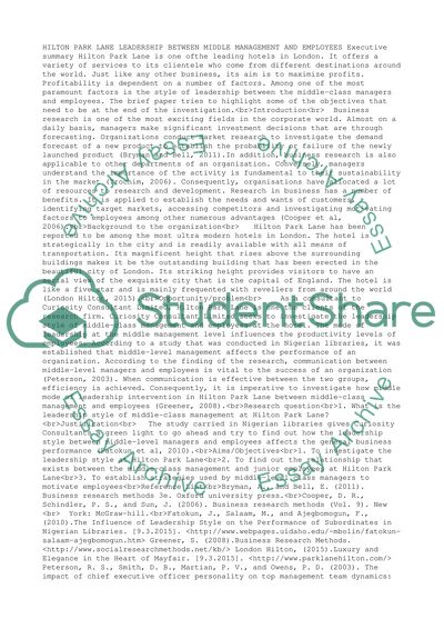 Reserch Progect:Hilton Park Lane leadership style between middclass managment and employees