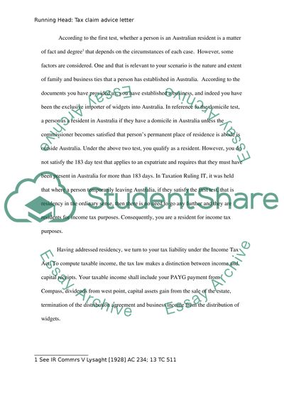 Tax Claim Advise Letter