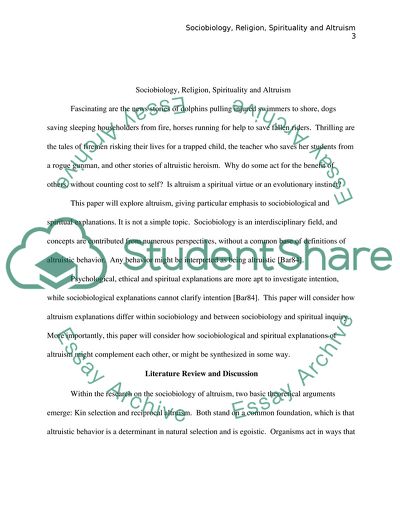 Sociobiology, Religion, Spirituality, and Altruism