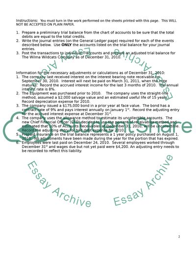 Preliminary Trial Balance of Wilma Wildcats Company