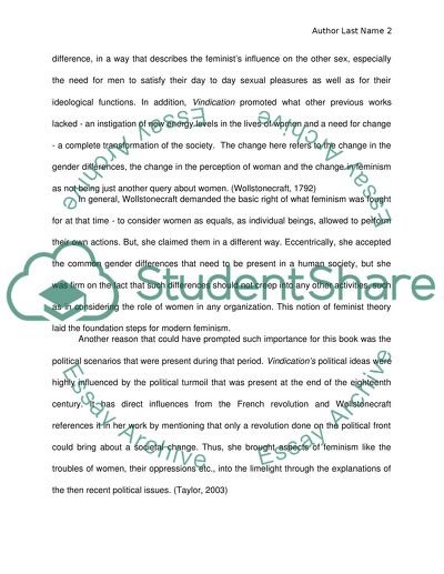 Mary Ws Vindication of the Right Woman on Feminism