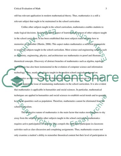 Critical evaluation of Maths remaining as part of the curriculum