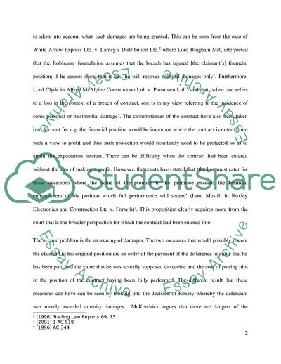 The Reasons for Awarding Damages in Respect of Breach of a Contract