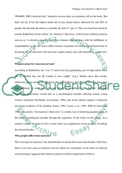 Critique on the Article, An Anorexics Recovery. by Leanna Rutherford