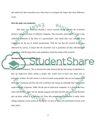 Differences in Conditions of Service of Two Groups of Direct Sales Marketers