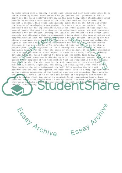 Project Plan for Organisation of Music Festival