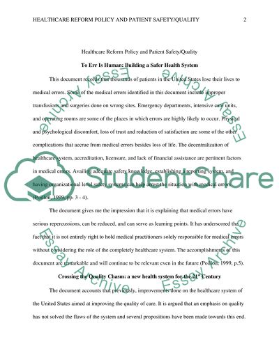 Healthcare Reform Policy and Patient Safety and Quality