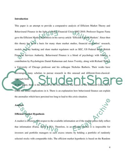 Efficient Market Theory & Behavioural Finance with regard to Financial Crisis 2007-2010