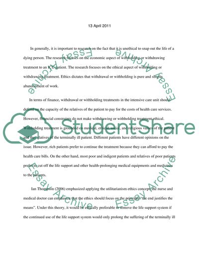 Ethical Issues Involving Withdrawal Or Withholding Treatments In The Intensive Care Unit (ICU)