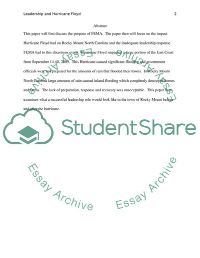 Leadership Response Through FEMA During Hurricane Floyd