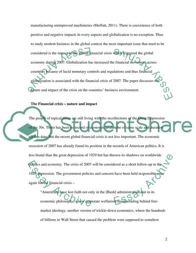 The Nature of the Domestic Business Environment of the Global Financial Crisis