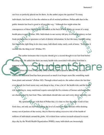 My Fast-Food Meal by Pollan: the Chances of Associated Health Conditions