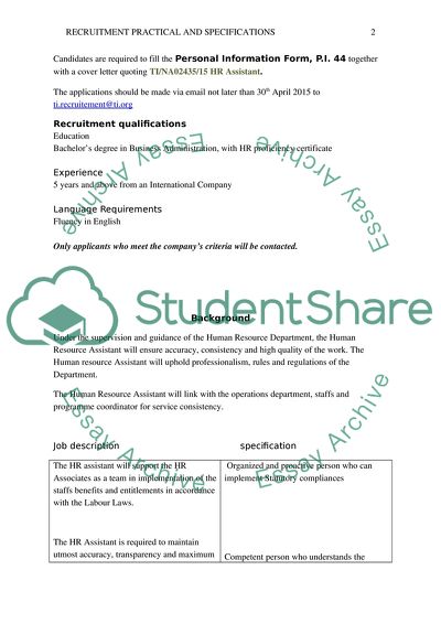 Recruitment Practical and Specifications